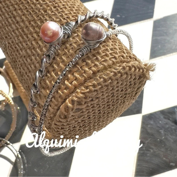 Silver statement tennis bangle chunky bracelet/freshwater pearls/pink/barbiecore - Picture 2 of 11